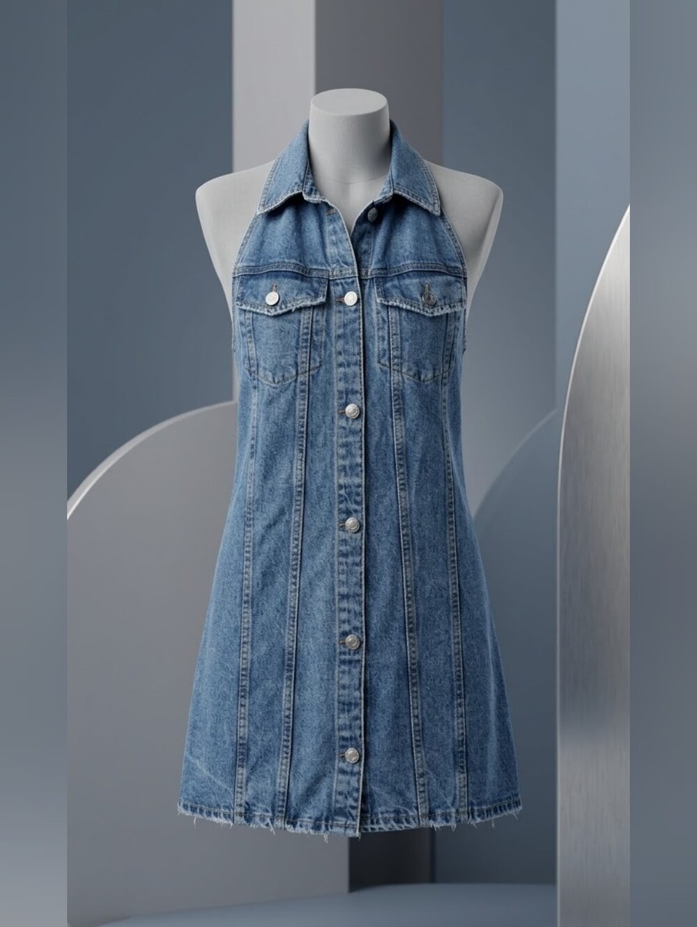 ZARA Classic Blue Denim Halter Dress - S